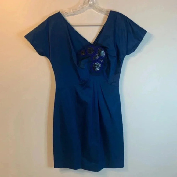 Vera Wang Lavender Label Royal Blue V-Neck Short Sleeve Dress 4 - Picture 1 of 13